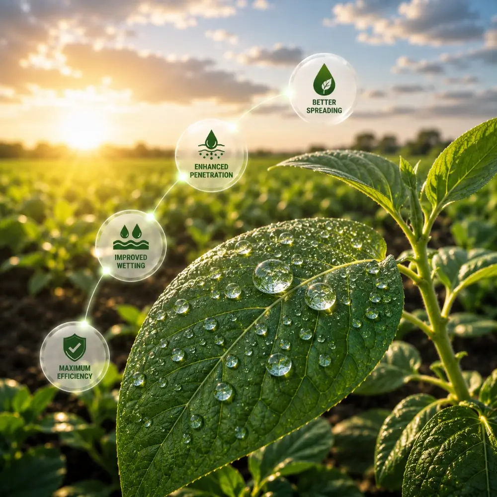 Grow More adjuvants: spray droplets spreading and wetting a crop leaf