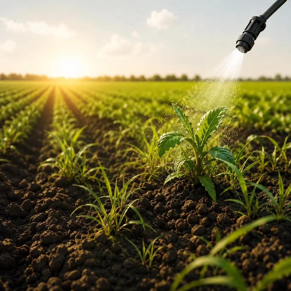 A weed being sprayed between crop rows at sunrise