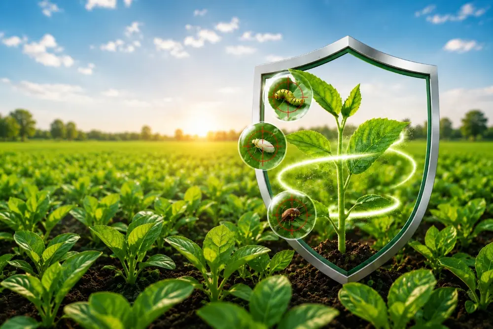 Grow More pesticides: a protective shield over a young crop, targeting caterpillar, whitefly and beetle pests in the field