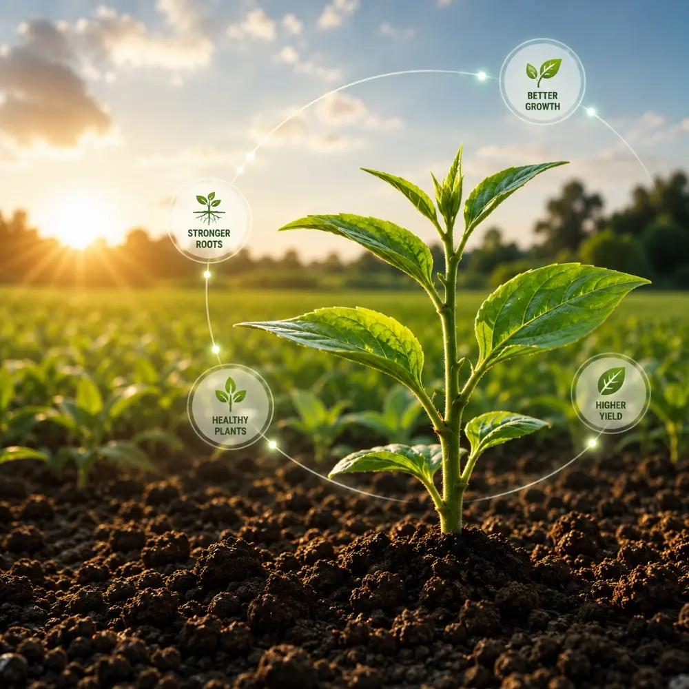 A young plant growing strongly in tilled soil at sunrise