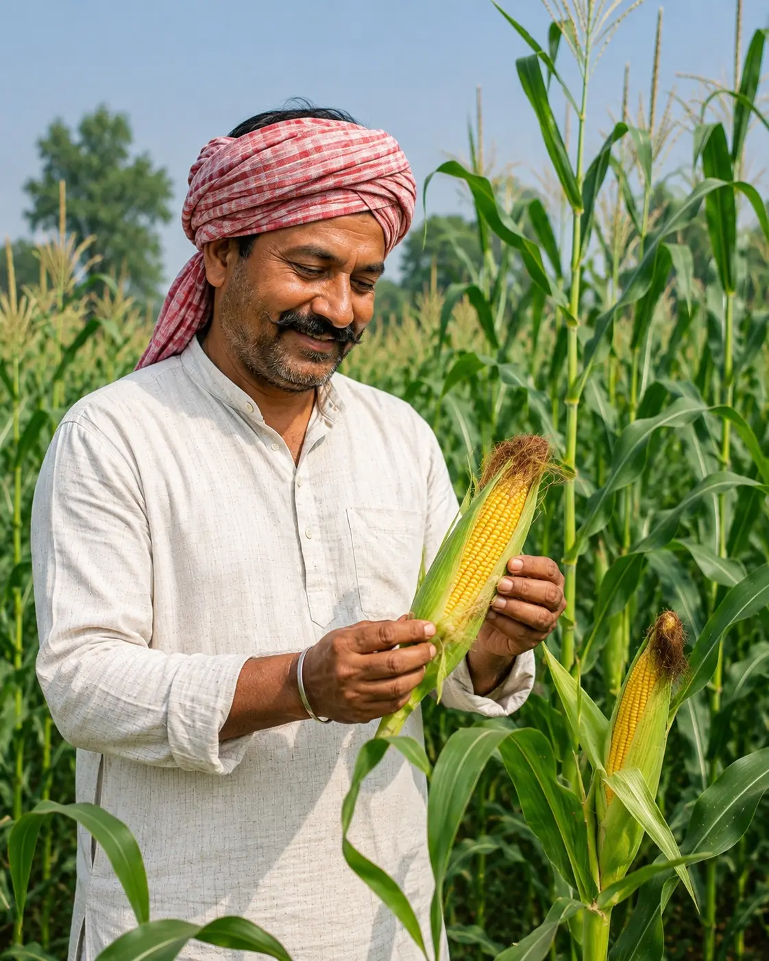 A maize grower standing in a tall crop holding a freshly picked cob