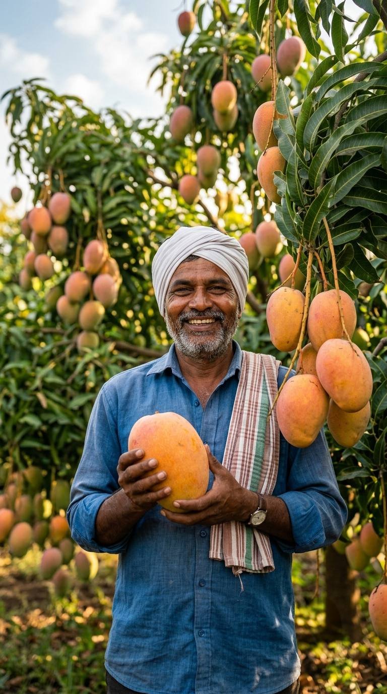 A mango grower in a turban holding a large ripe mango, standing under fruit-laden branches in his orchard