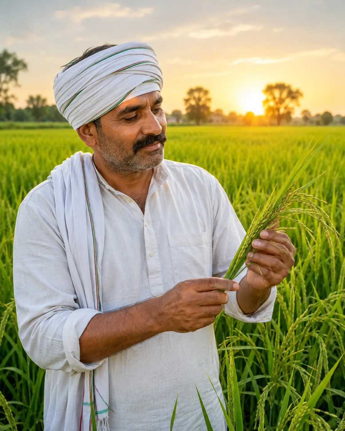 A paddy grower standing in a flooded field of transplanted rice