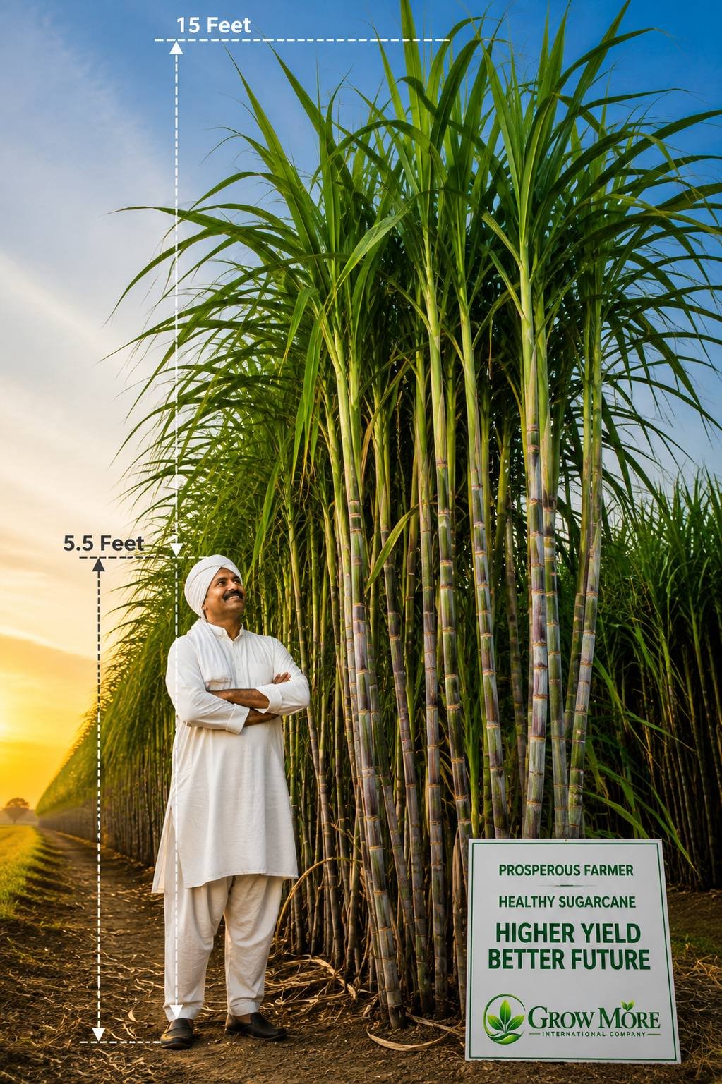 A farmer standing beside 15 foot sugarcane, measured against his own 5.5 foot height, with a Grow More field sign reading Higher Yield Better Future