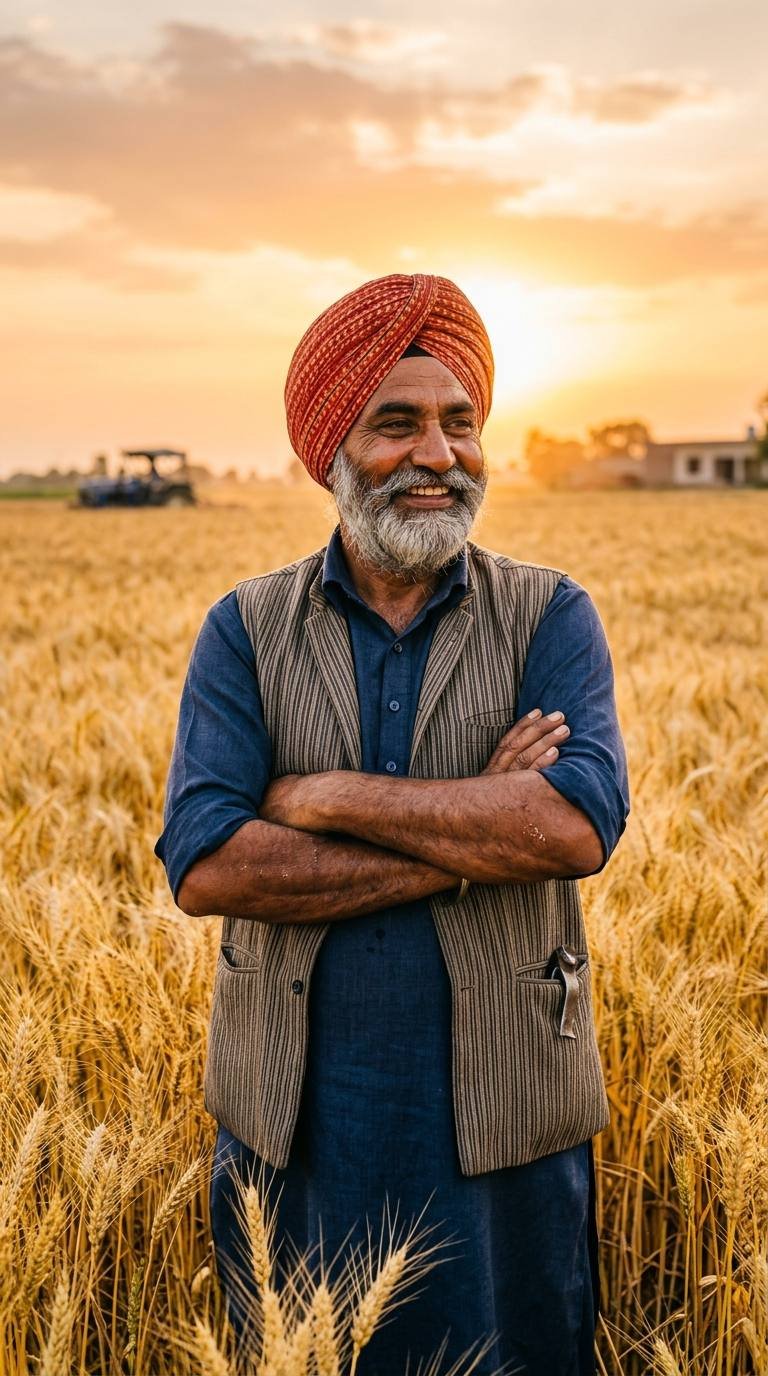 A wheat grower in a turban standing arms folded in a ripe golden field at sunset